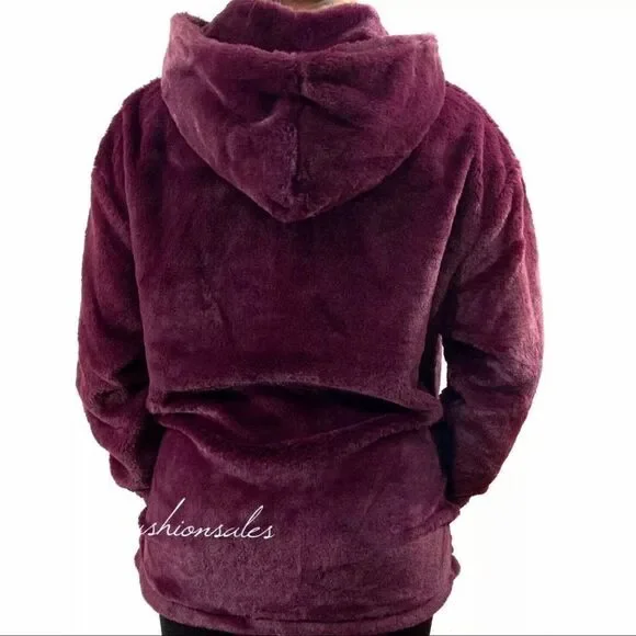 Victorias Secret Pink Faux Fur Campus Hoodie Cozy Supersoft Pullover Jacket Kir - Picture 3 of 6